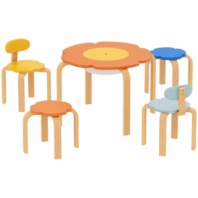 AIYAPLAY Kindertafel en Stoelenset 5-delig met Bloemvorm Opbergtas, Kleurrijk Hout, voor Kinderen van 3-8 Jaar