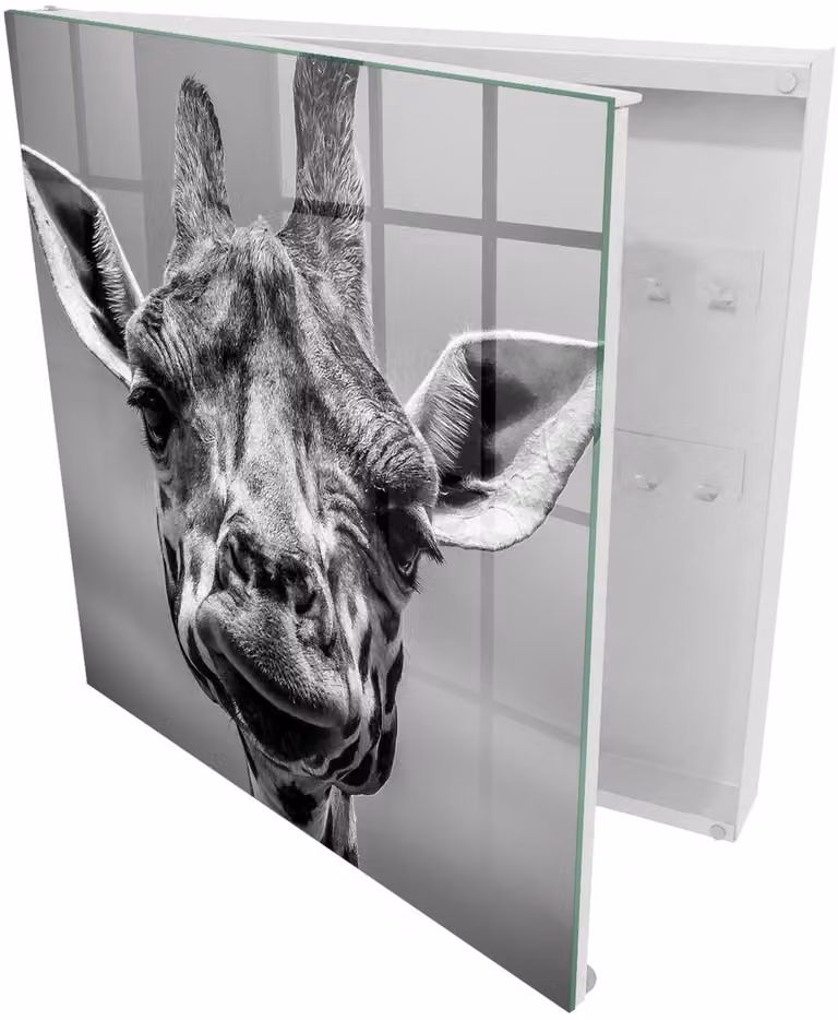 Tulup Sleutelkast Giraffe Portret - Grijs - B/D/H: 30 x 30 x 5 cm - Met 50 haken en wit interieur