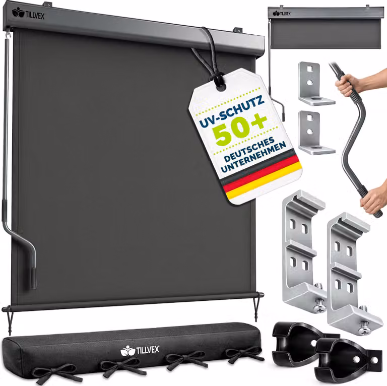 Tillvex Verticale zonwering met handslinger, waterdicht buitenrolgordijn voor balkon, terras en tuin, B/D/H: 200 x 250 cm