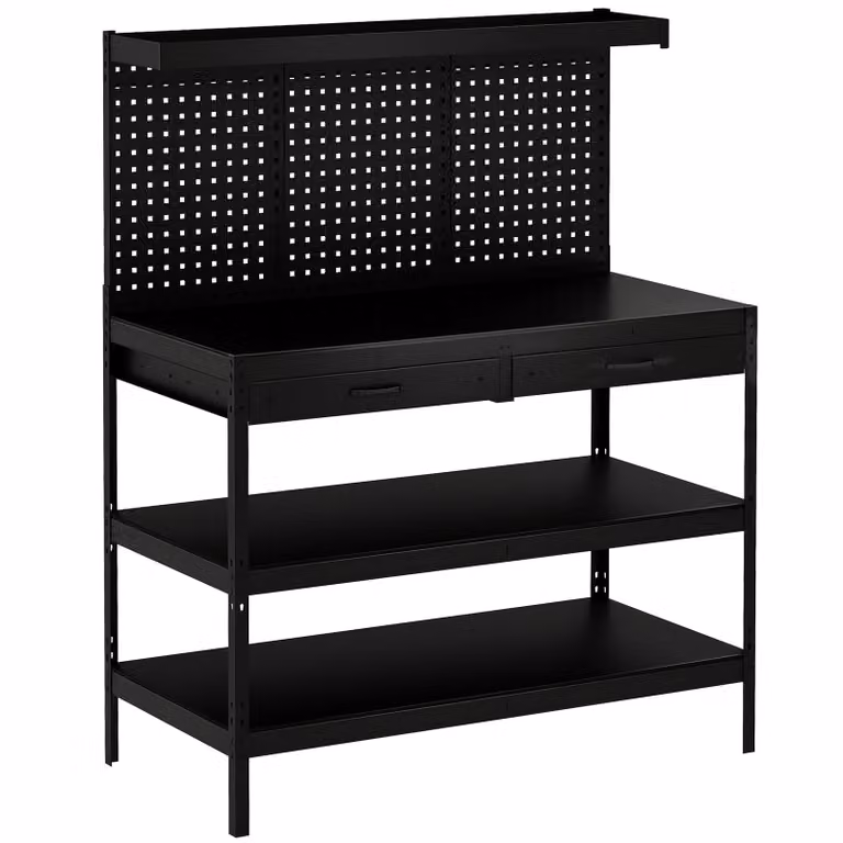 HOMCOM Werkbank met verstelbare planken, robuust werkstation met perforatiewand en 2 lades, Zwart, H x B x D: 156 x 122 x 61 cm