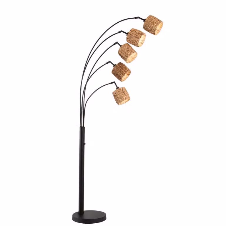 Fischer & Honsel Hyazinthe Booglamp met 5 lichtpunten, Rotan en Metaal, Bruin/Zwart, Hoogte: 190 cm