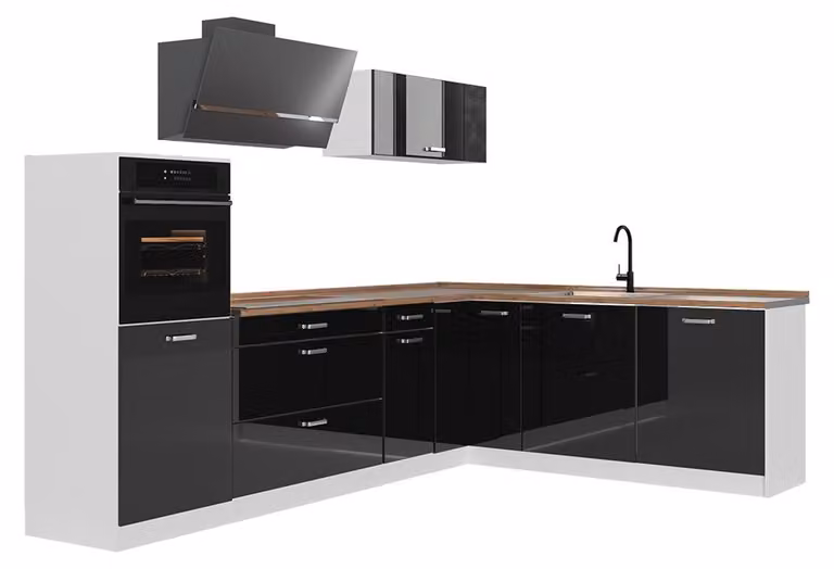 Vicco R-Line Hoekkeuken Zwart hoogglans/Wit met goudkleurig eiken werkblad, Model 66770