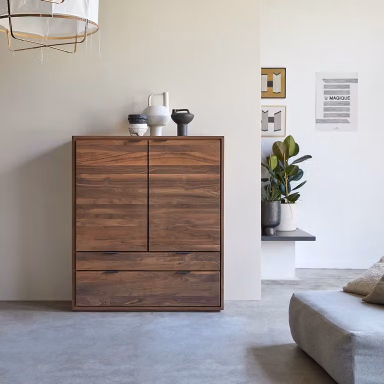 Tikamoon Massief Noten Houten Opbergkast met Deuren en Lades - Bruin - B: 128 cm, D: 43 cm, H: 76,1 cm
