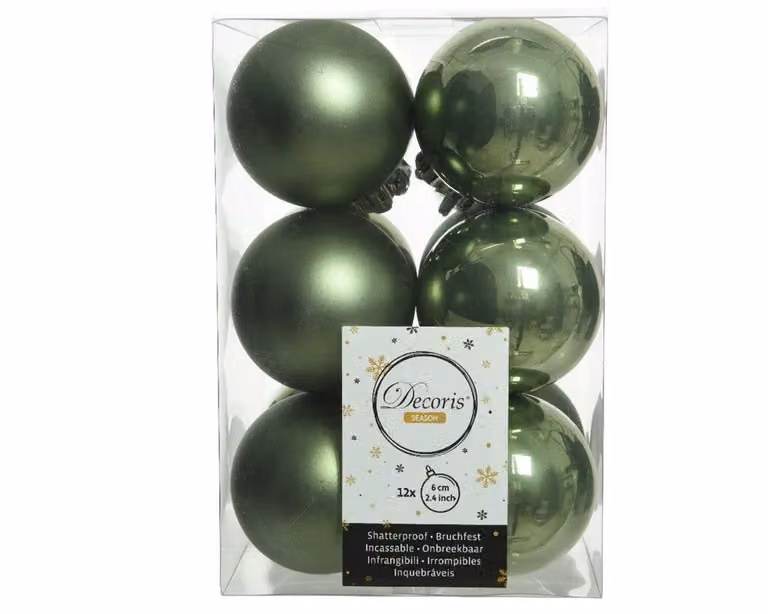 Decoris 12 onbreekbare kerstballen mosgroen, diameter 6 cm