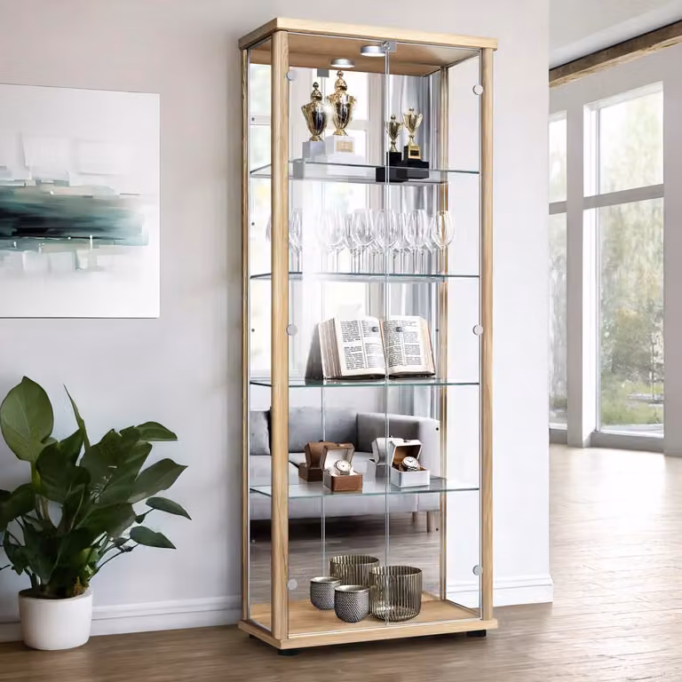 K-Möbel Vitrinekast met glazen deuren, spiegel, slot en LED-verlichting, Beukenhoutkleur, H 176 x B 67 x D 33 cm