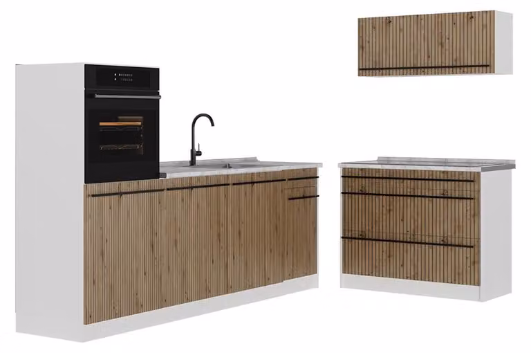 Vicco R-Line Complete keukeneenheid in Artisanaal eiken/Wit met marmer werkblad, 220 cm