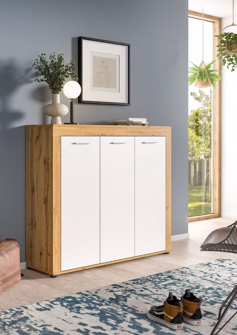 home24 Schoenenkast Jam Wit/Bruin/Wotan Eiken, Breedte: 120 cm