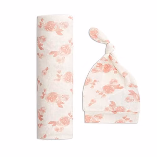 Aden + Anais Snuggle gebreide baby inbakerdeken en muts set - Rozetten
