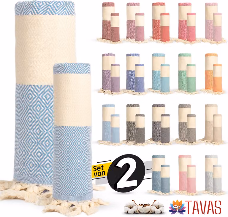 Tavas Rome Set van 2 - Babyblauw - Hamamdoek 100 x 180 cm en Handdoek 50 x 90 cm - 100% Katoen Strandlaken