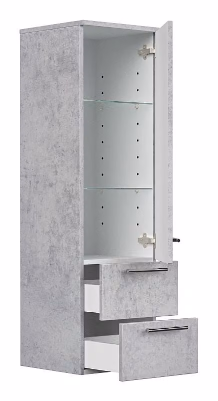 Posseik Hoge kast met glazen deuren en lades in betonlook, Breedte: 120 cm