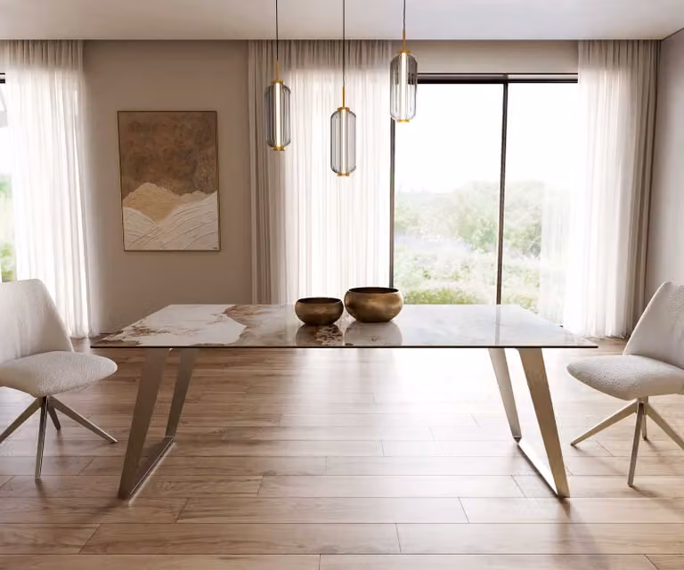 DELIFE Eetkamertafel Edge Keramiek Minas Melange Wit-Beige met RVS Onderstel B: 200 cm, D: 100 cm, H: 77 cm