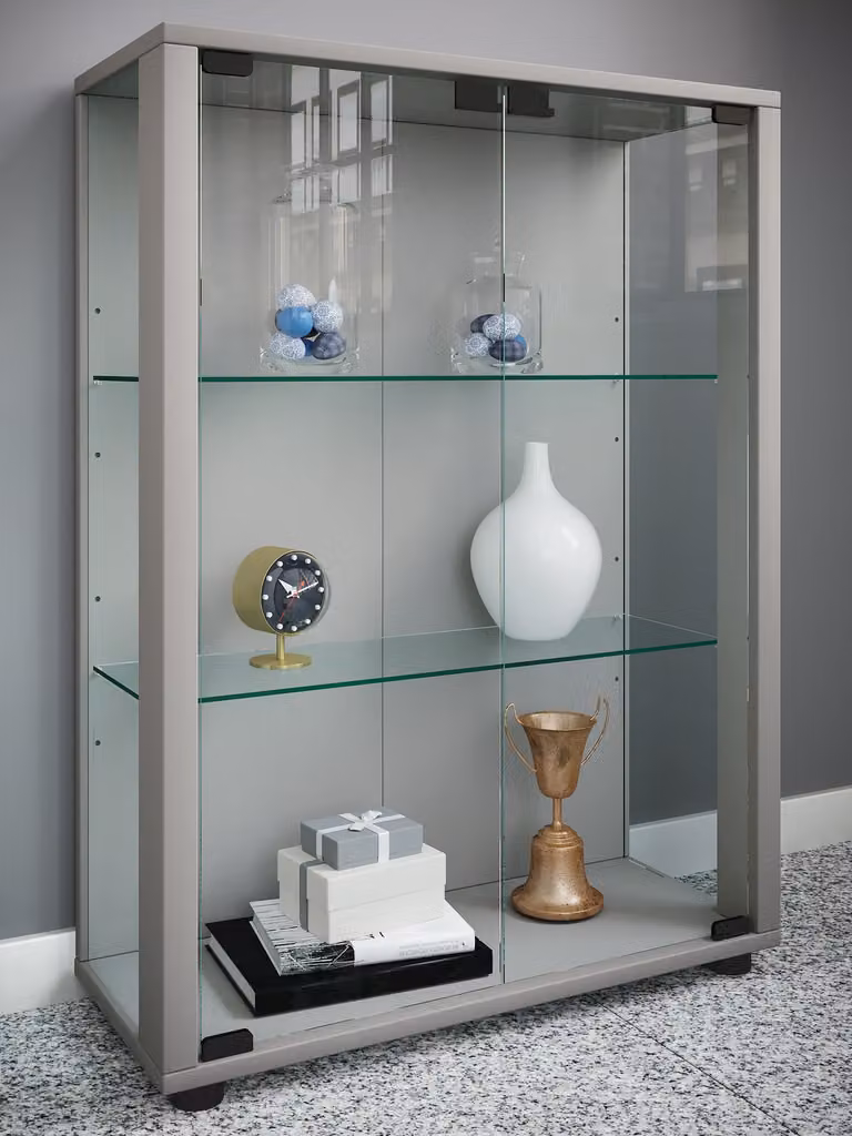 VCM Sintalo houten vitrinekast met glazen deuren, zilver, B/D/H: 80 x 25 x 18 cm