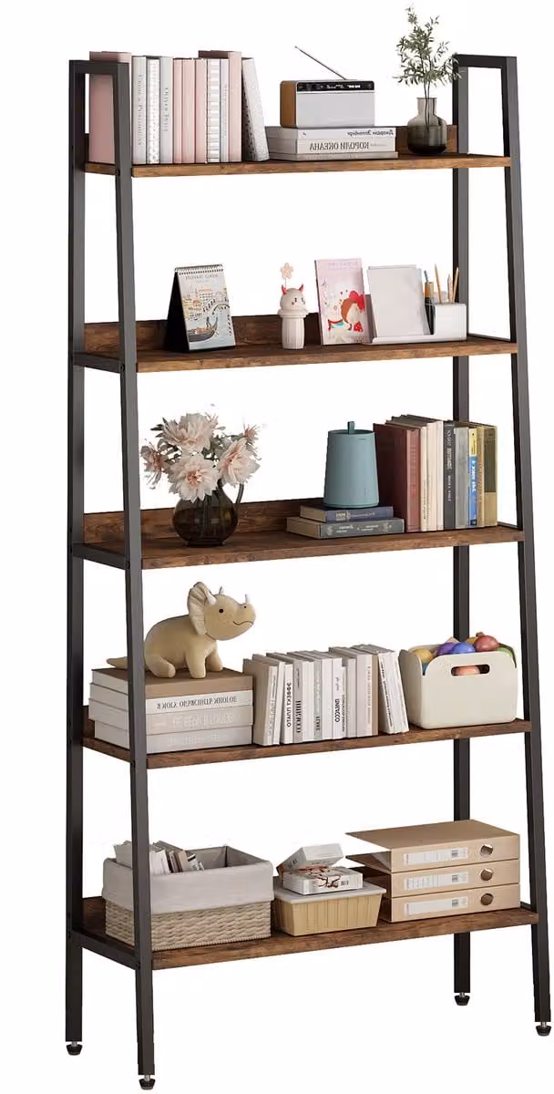 Danky 5-laags ladder boekenkast in rustiek hout met zwart metaalframe, B/D/H: 80 x 30 x 170 cm