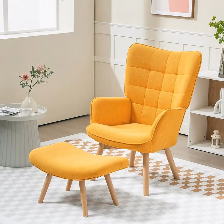 Sweiko Fauteuil met hoge rug en kruk - Corduroy - Houten poten - Donkergeel
