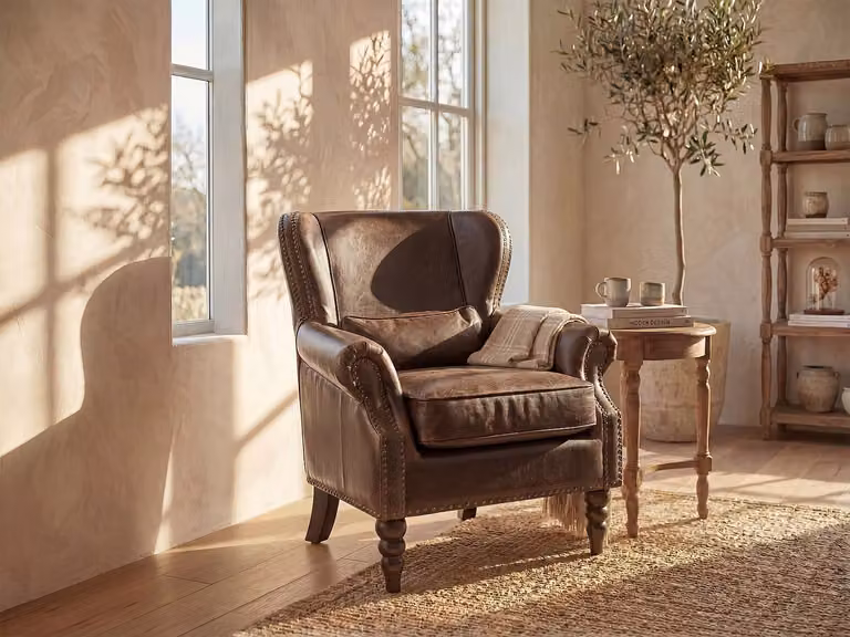 Vente-unique Fauteuil EDOUARD van 100% leer in het bruin met houten frame
