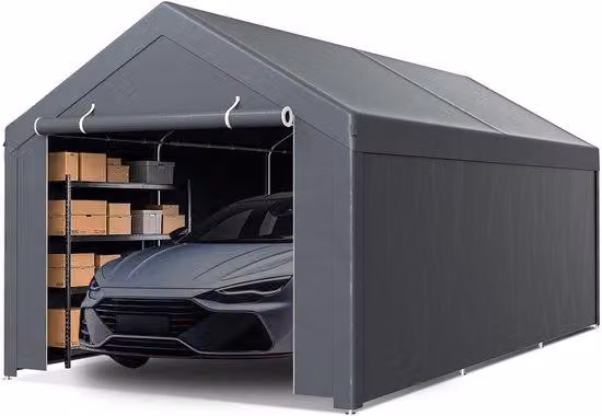 Grijs Garagescherm met afneembare zijwand en PE-dak, gegalvaniseerd stalen frame, B: 600 cm, D: 300 cm