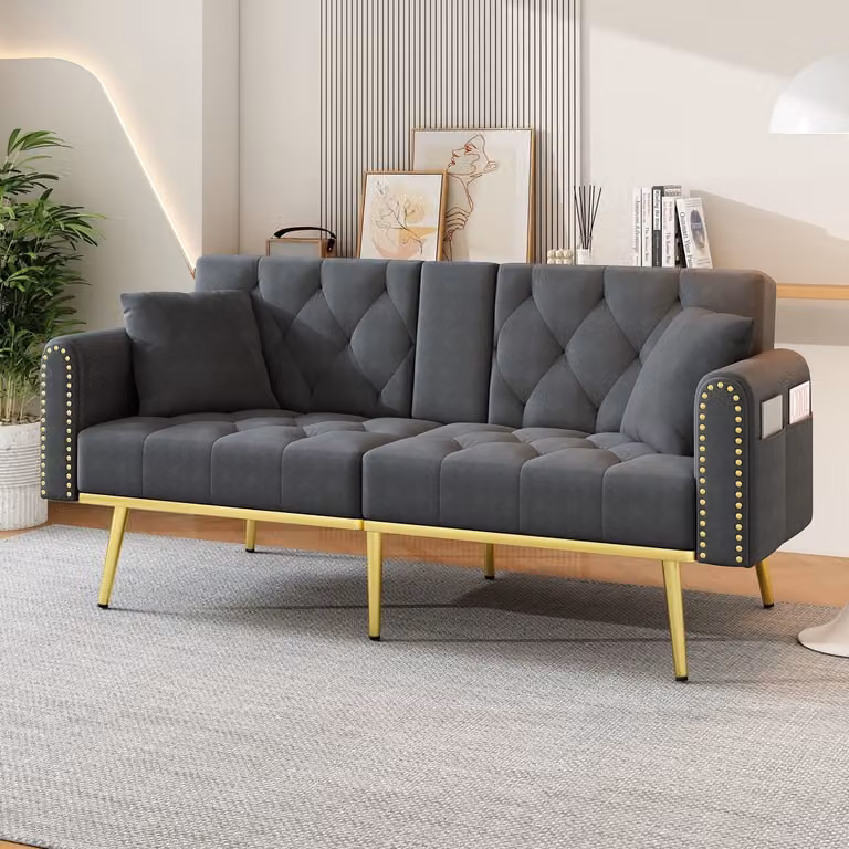 HAUSS SPOLE Sofa - Uitklapbare 2-Zits Slaapbank met Verstelbare Rugleuning en Drinkhouder - Velvet Grijs - B/D/H: 175 x 80 x 73,5 cm