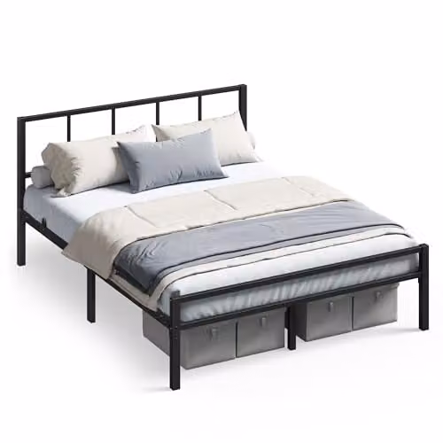 VASAGLE Dubbel bedframe met lattenbodem en hoofdeinde, metaal, inktzwart, B/D: 140 x 200 cm
