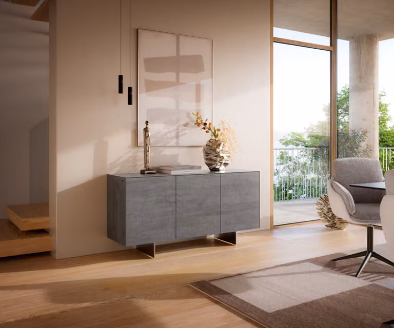 DELIFE Dressoir Cuor Grijs Keramiek en MDF met 3 Deuren en Roestvrijstalen Details Breedte: 150 cm