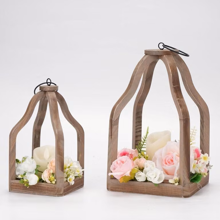 Set van 2 houten lantaarns voor kaarsen - Decoratieve windlichten in rustieke landhuisstijl - Bruin