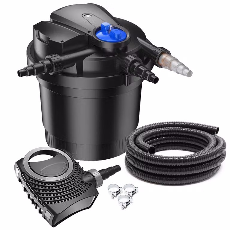 SunSun Complete set CPA-5000 vijverfilter tot 8000 liter inclusief 11 Watt UV-C vijverontsmettingsapparaat, NEO8000 SuperEco vijverpomp 8000 l/u 70W, 10 meter vijverslang 38 mm en slangklemmen