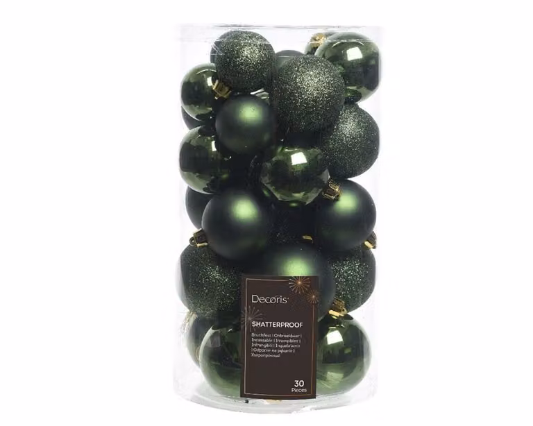 Set van 30 onbreekbare ronde kerstballen in groen met hanger