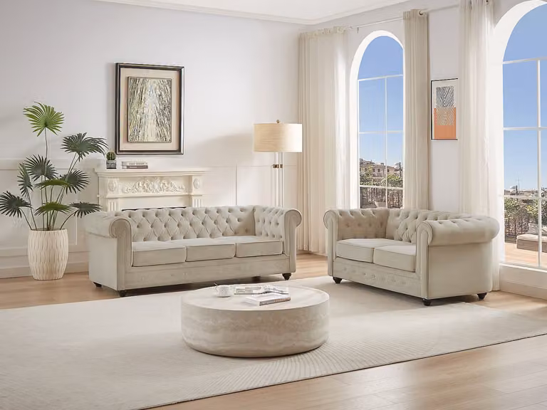 Chesterfield zitbank set van 3 en 2 plaatsen in beige fluweel