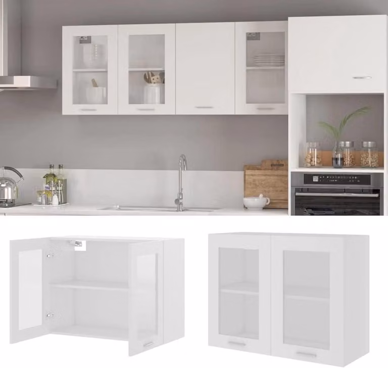 Witte glazen hangkast voor de keuken met twee deuren - B/D/H: 80 x 31 x 60 cm