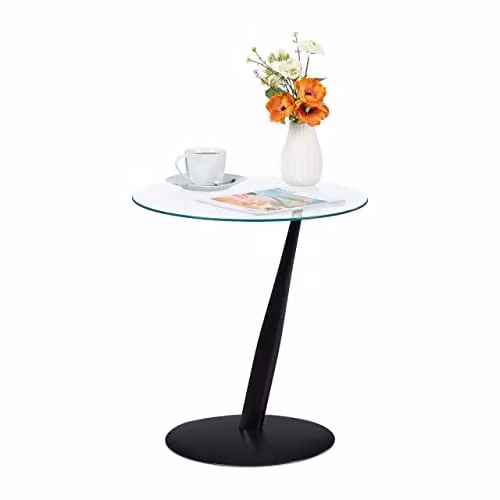 Relaxdays Bijzettafel rond van glas en metaal, zwart en transparant, H 49 x Ø 45 cm