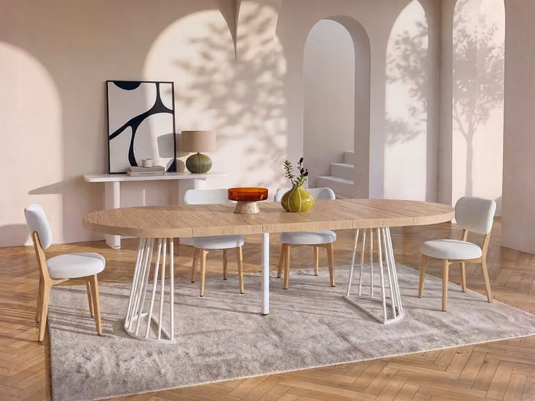 Uitschuifbare ronde eettafel voor 8+ personen van MDF en metaal - Wit en beige - Modern design