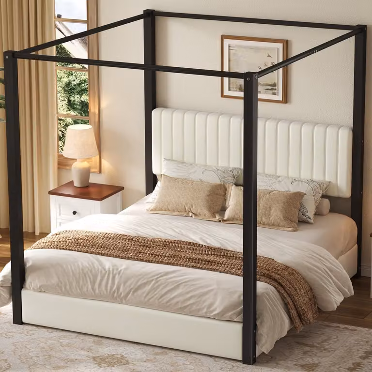 REDOM Hemelbed met gestoffeerd hoofdbord - Modern - Beige en Zwart - 180x200 cm