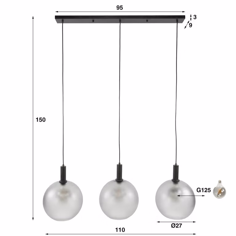 Lyora Glazen hanglamp Bubble met 3x E27, zwart en transparant