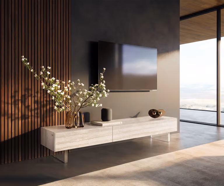 DELIFE Tv-meubel Cuor met Keramiek Laminam Travertino Bianco, Crème-wit, B: 200 cm, D: 40 cm, H: 35 cm