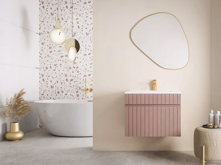 SATARA Roze gestreept hangmeubel voor badkamer met inbouwwastafel en lades - 60 cm