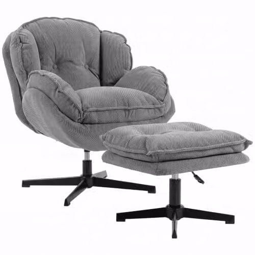 HOMCOM Relax Fauteuil met Verstelbare Voetenbank, 360° Draaibaar, Chenille Bekleding, Grijs, B/D/H: 74 x 86 x 85 cm