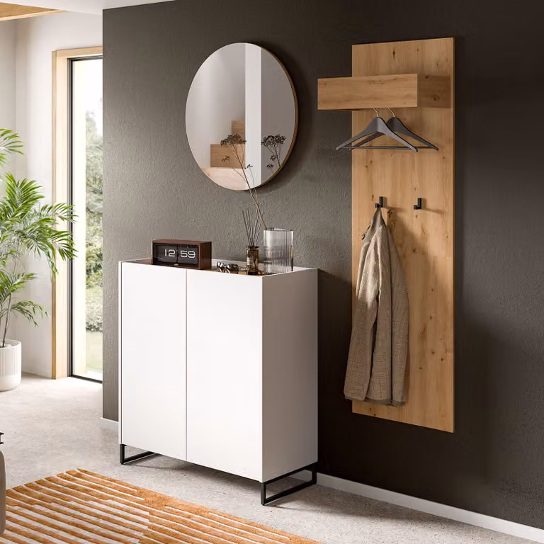 ebuy24 Drive 3-delige halmeubelset met spiegel en schoenenkast, wit/eikenhout, B/D/H: 197 x 175 x 32 cm