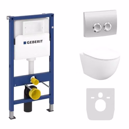 Geberit Duofix Basic Complete Toiletset met Voorwandelement, Sofi Slim Wandcloset Wit Mat, WC-bril en Delta Bedieningsplaat Chroom Rund