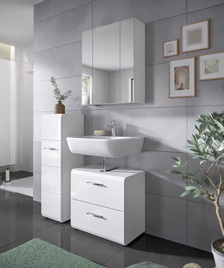 ebuy24 Modern Badkamerkast met LED-verlichting, Wit Hoogglans, B/D/H: 30 x 30 x 106 cm