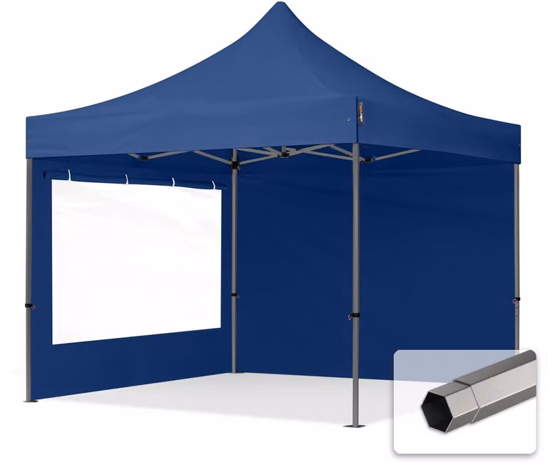 Easy Up Partytent Vouwpaviljoen Premiumstaal met Panorama Zijwanden, Blauw, 3 x 3 m