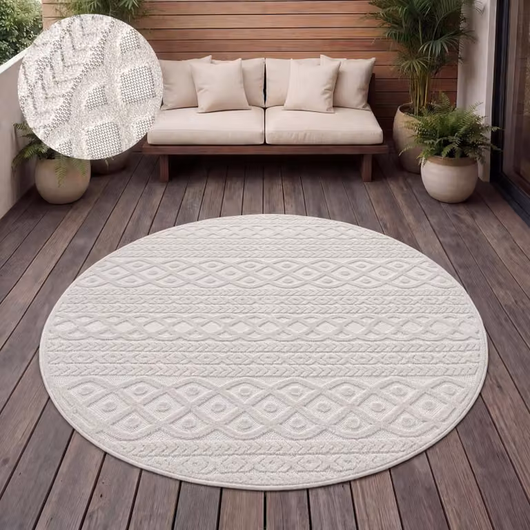Paco Home Buitentapijt Scandinavische Boho-stijl, Rond, Effen Kleur, Diameter: 120 cm