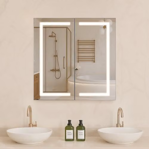 Vevor Verlichte medicijnkast voor de badkamer met spiegel, wit, B: 65 cm, H: 65 cm, met LED-verlichting, anti-fog functie en shaver socket