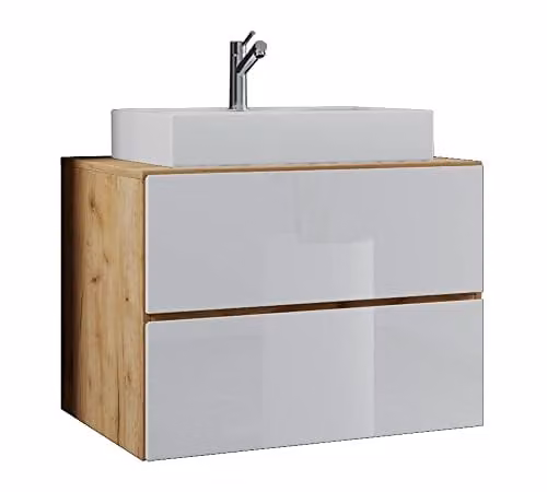 VCM Lendas Badmeubel Set met Wastafel en Onderkast, Wit/Beige/Eiken, Breedte: 80 cm