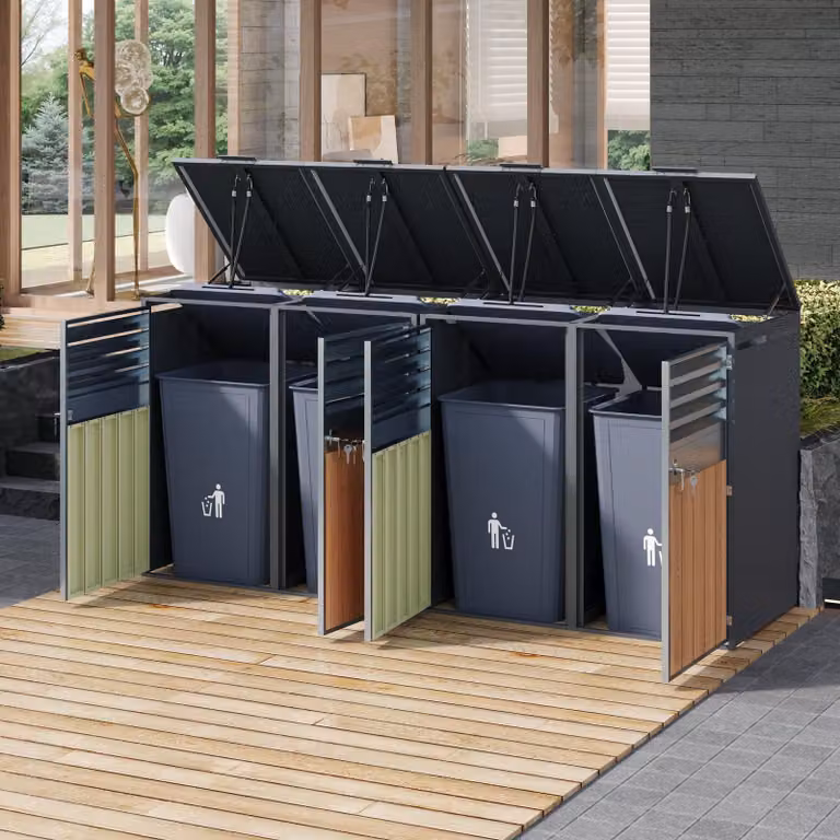 STILVORA afvalcontainerbox met vier compartimenten, klapdeksel met hydraulische ondersteuning en gegalvaniseerd stalen frame