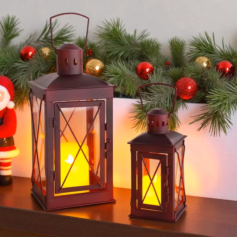 Set van 2 Rood Met RVS Kaarslantaarns - Decoratieve Buitenlantaarn met Gehard Glas
