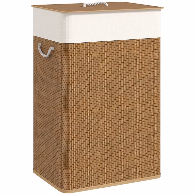 HOMCOM Wasmand van Bamboe met Deksel en Handvatten, Bruin, B/D/H: 40 x 30 x 60 cm