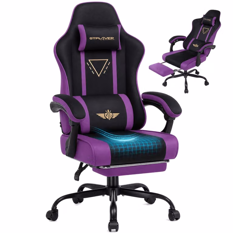 GTPLAYER Ergonomische Gaming Stoel met Stoffen Bekleding, Veren Kussen en Voetsteun, Links