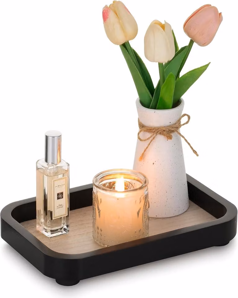 Decoratieve Tray voor Badkamer: Zwarte Houten Riser voor Parfums, Make-up en Sieraden, Breedte: 24 cm