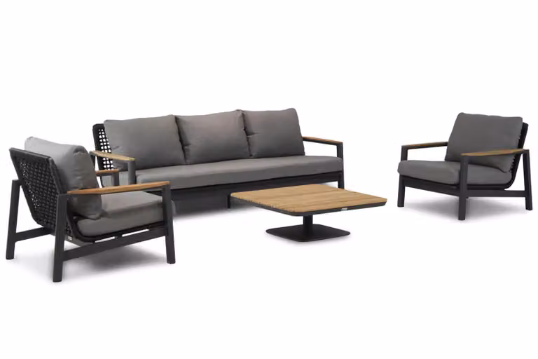 Coco Ralph 4-delige loungeset met teak, loungebank, fauteuil en grijs met kussens