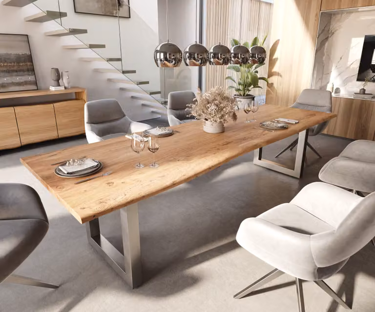 DELIFE Eettafel Edge van acacia hout met live-edge design, bruin en zilver, B/D/H: 300 x 100 x 74,5 cm