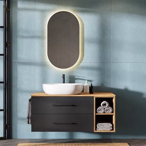 Planetmöbel LUX badkamermeubel hangend inclusief wastafel, goud eiken/antraciet, Breedte: 120 cm